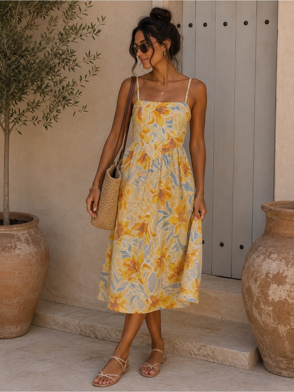 Floral Yellow and Blue Cotton Midi Dress